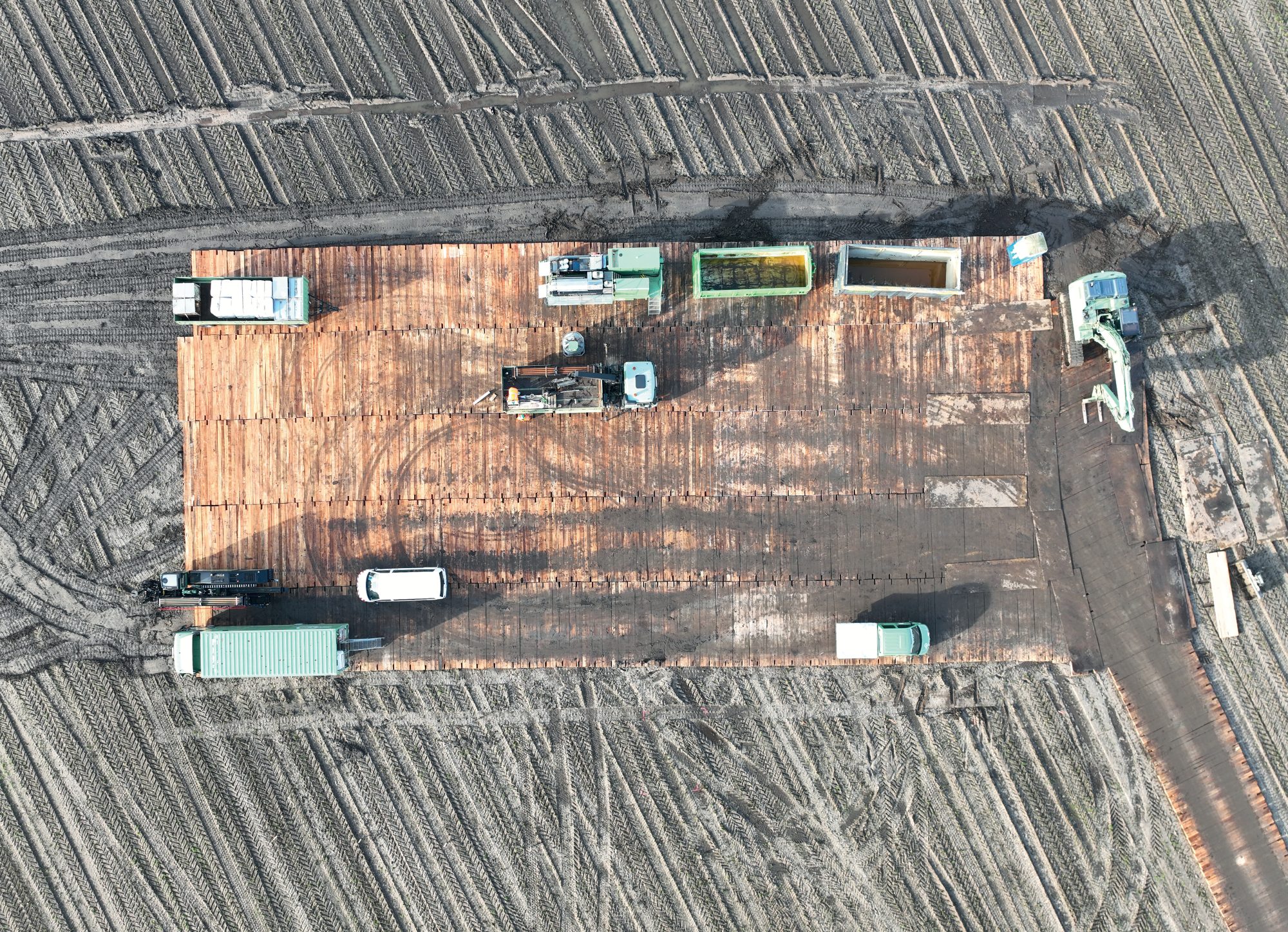 A construction site using bog mats